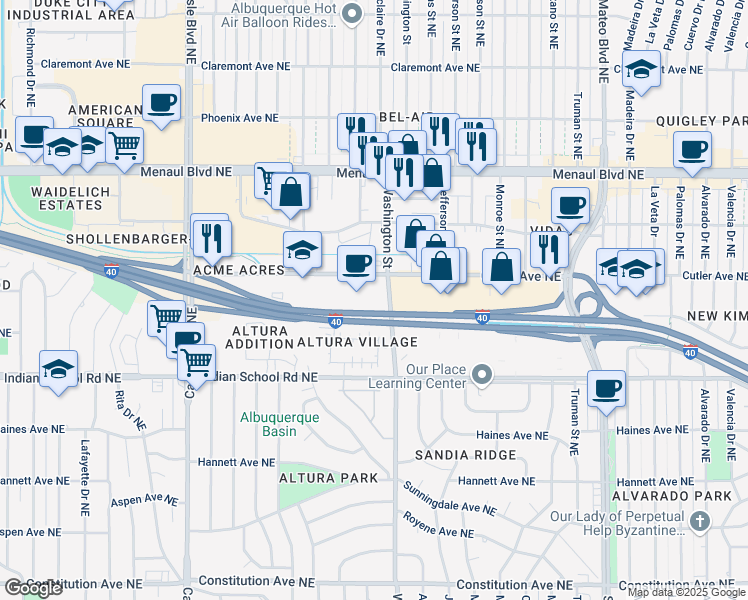 map of restaurants, bars, coffee shops, grocery stores, and more near 4340 Cutler Avenue Northeast in Albuquerque