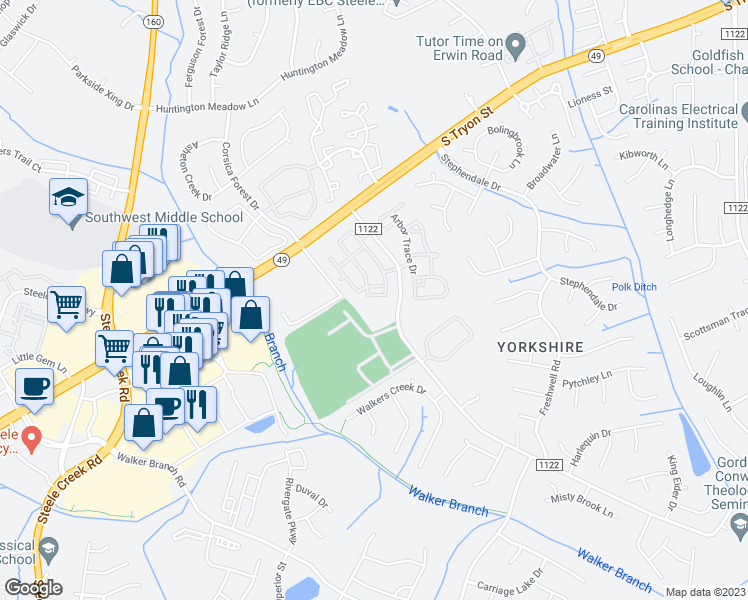 map of restaurants, bars, coffee shops, grocery stores, and more near 13528 Calloway Glen Drive in Charlotte