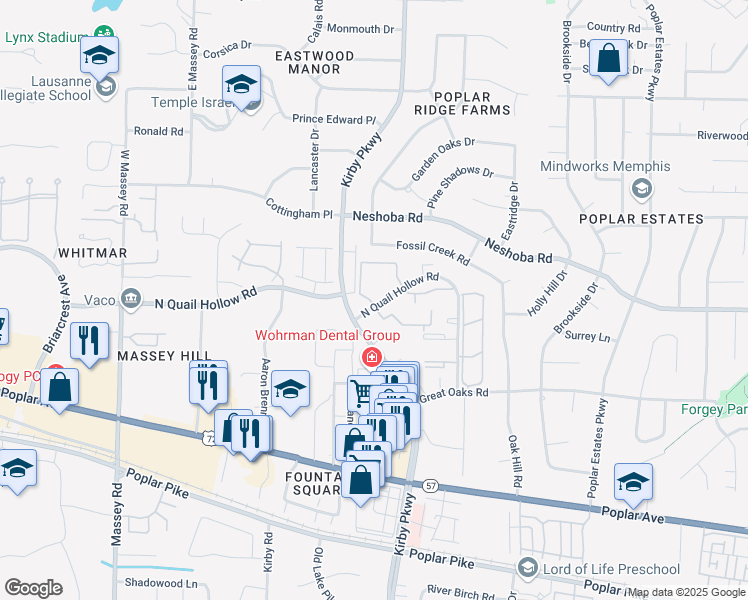 map of restaurants, bars, coffee shops, grocery stores, and more near 1637 Poplar Oaks Circle in Memphis