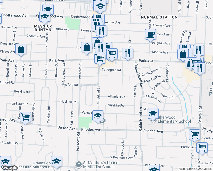map of restaurants, bars, coffee shops, grocery stores, and more near 3545 Stuart Road in Memphis