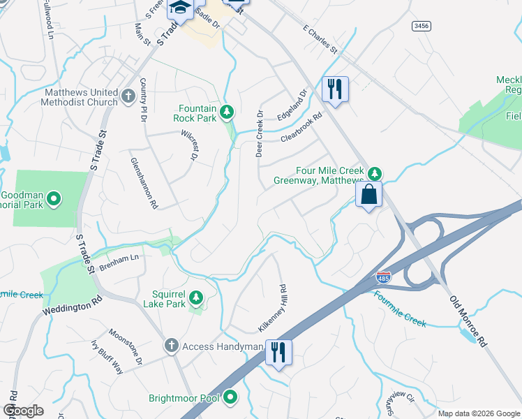 map of restaurants, bars, coffee shops, grocery stores, and more near 7515 Greylock Ridge Road in Matthews