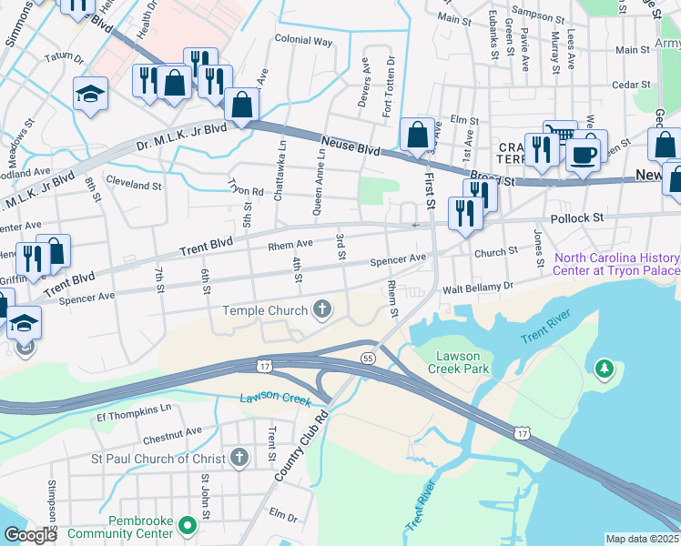 map of restaurants, bars, coffee shops, grocery stores, and more near 1501 Spencer Avenue in New Bern
