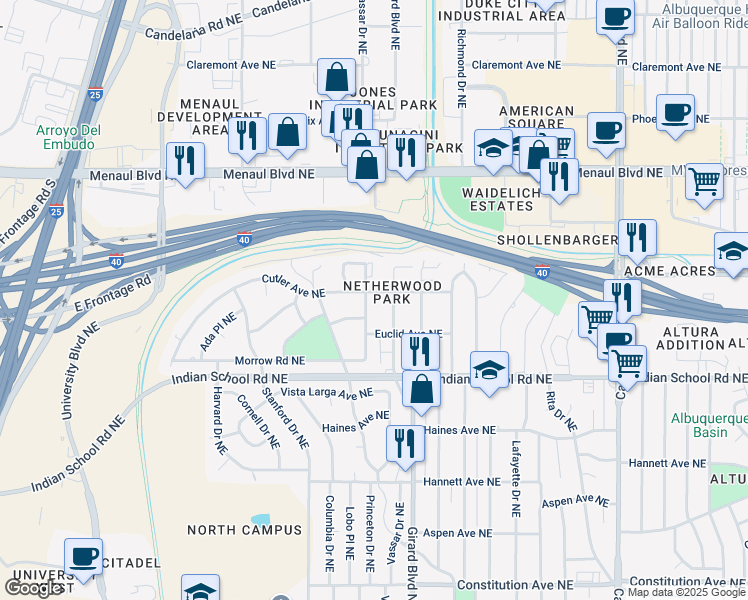 map of restaurants, bars, coffee shops, grocery stores, and more near 1813 Girard Boulevard Northeast in Albuquerque