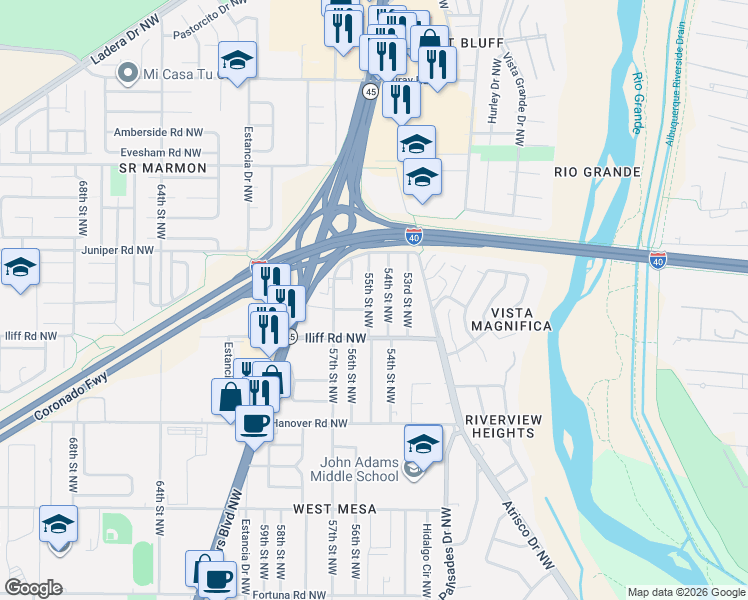 map of restaurants, bars, coffee shops, grocery stores, and more near 1619 55th Street Northwest in Albuquerque