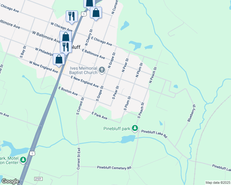 map of restaurants, bars, coffee shops, grocery stores, and more near South Pear Street in Pinebluff