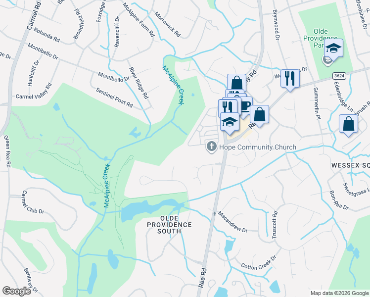 map of restaurants, bars, coffee shops, grocery stores, and more near 6427 Wakehurst Road in Charlotte
