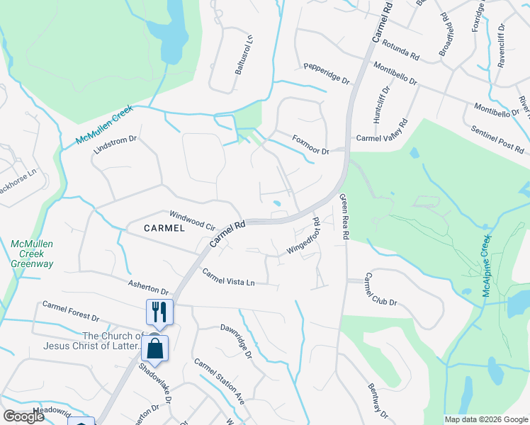 map of restaurants, bars, coffee shops, grocery stores, and more near 5106 Carmel Road in Charlotte