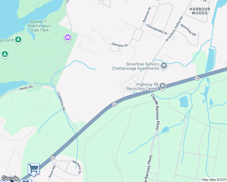 map of restaurants, bars, coffee shops, grocery stores, and more near 5307 Tennessee 58 in Chattanooga