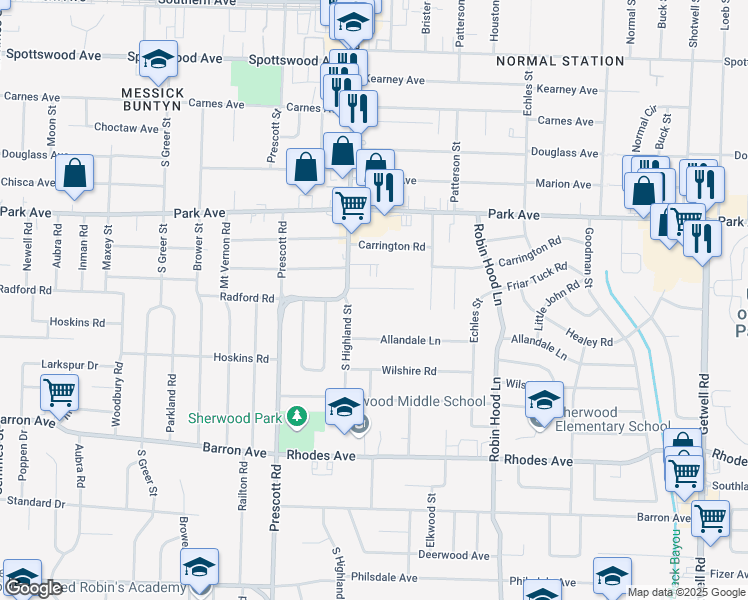 map of restaurants, bars, coffee shops, grocery stores, and more near 3545 Stuart Road in Memphis