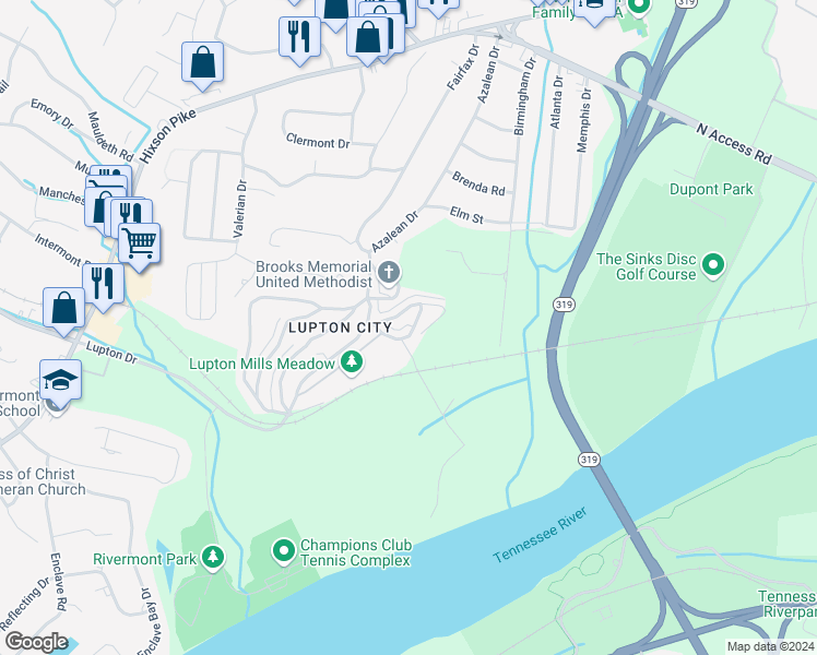 map of restaurants, bars, coffee shops, grocery stores, and more near 3789 Dixie Circle in Chattanooga
