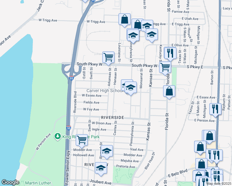 map of restaurants, bars, coffee shops, grocery stores, and more near 1572 Hanauer Street in Memphis