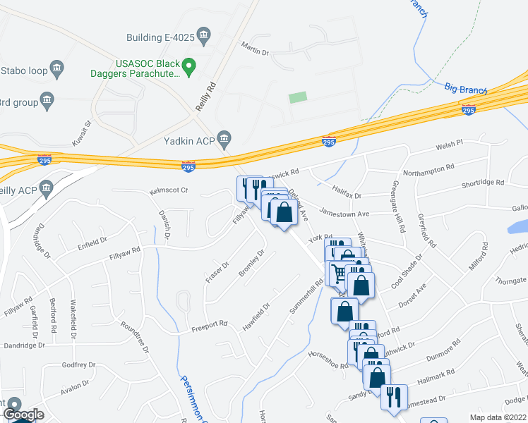 map of restaurants, bars, coffee shops, grocery stores, and more near 6475 Yadkin Road in Fayetteville
