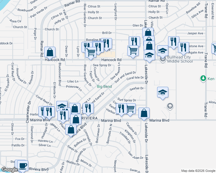 map of restaurants, bars, coffee shops, grocery stores, and more near 1870 Surf and Sand Drive in Bullhead City