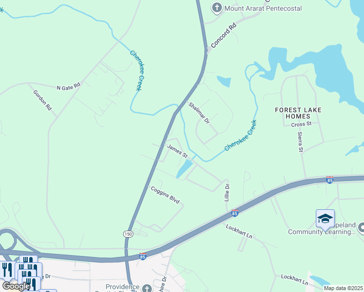 map of restaurants, bars, coffee shops, grocery stores, and more near 110 Windburg Drive in Gaffney