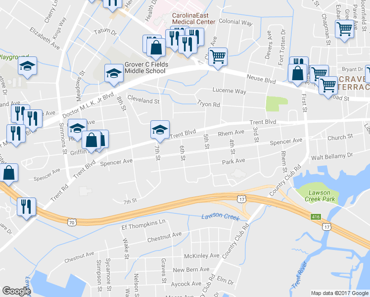 map of restaurants, bars, coffee shops, grocery stores, and more near 1722 Spencer Avenue in New Bern