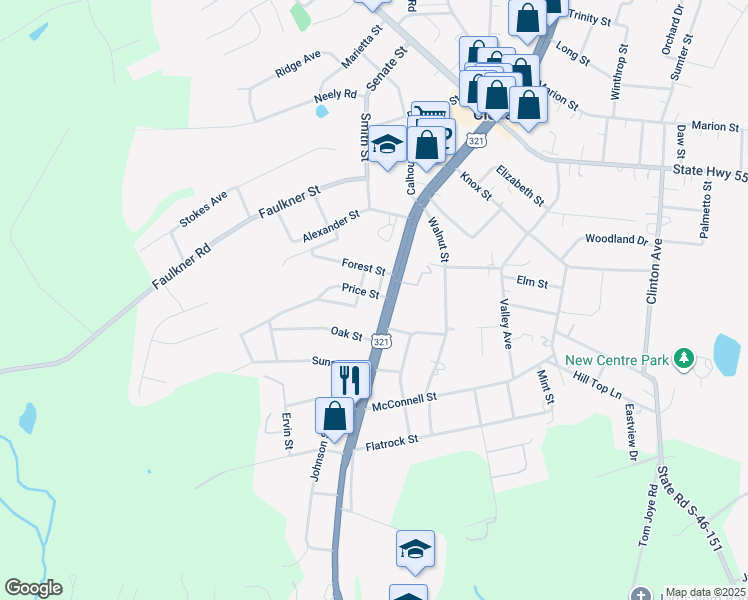 map of restaurants, bars, coffee shops, grocery stores, and more near 105 Price Street in Clover