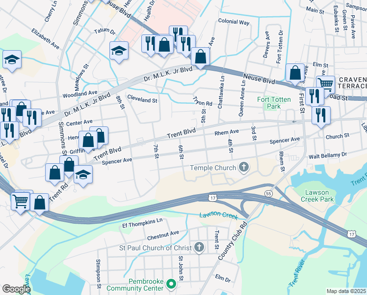 map of restaurants, bars, coffee shops, grocery stores, and more near 1722 Spencer Avenue in New Bern