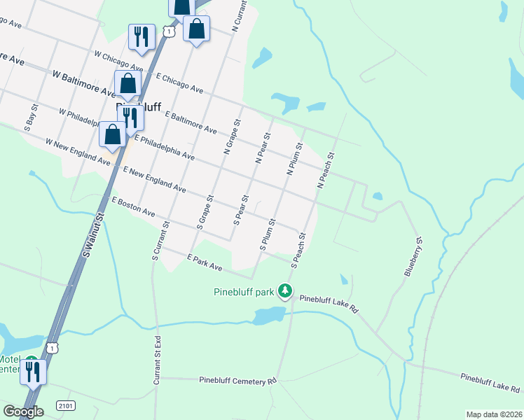 map of restaurants, bars, coffee shops, grocery stores, and more near 155 South Plum Street in Pinebluff