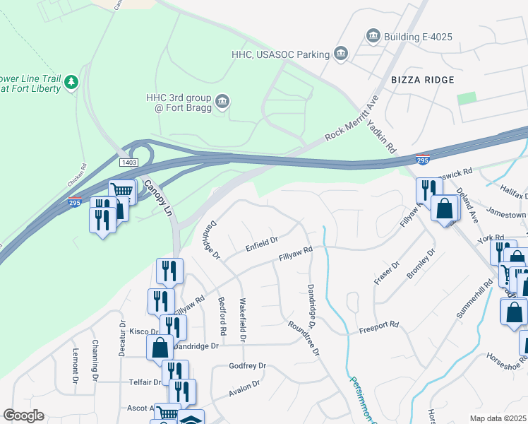 map of restaurants, bars, coffee shops, grocery stores, and more near 901 Dandridge Drive in Fayetteville