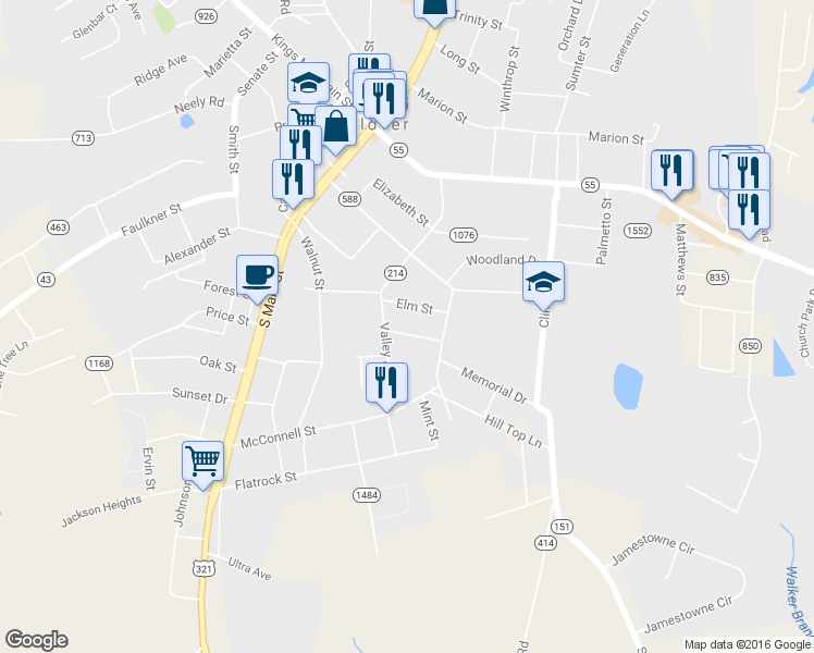 map of restaurants, bars, coffee shops, grocery stores, and more near 103 Maple Street in Clover