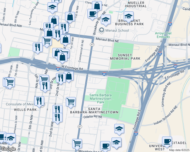 map of restaurants, bars, coffee shops, grocery stores, and more near 99999 Indian School Road Northeast in Albuquerque