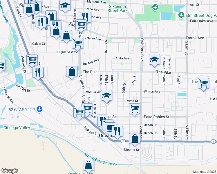 map of restaurants, bars, coffee shops, grocery stores, and more near 1380 18th Street in Oceano