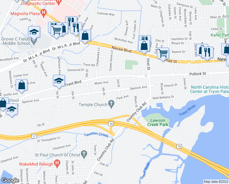 map of restaurants, bars, coffee shops, grocery stores, and more near 1507 Spencer Avenue in New Bern