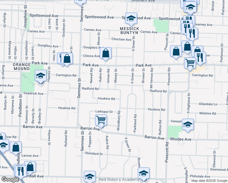 map of restaurants, bars, coffee shops, grocery stores, and more near 3183 Radford Road in Memphis