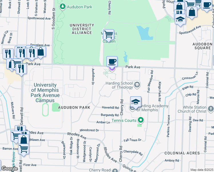 map of restaurants, bars, coffee shops, grocery stores, and more near 1029 Cherry Road in Memphis
