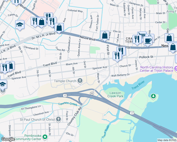 map of restaurants, bars, coffee shops, grocery stores, and more near 1501 Spencer Avenue in New Bern