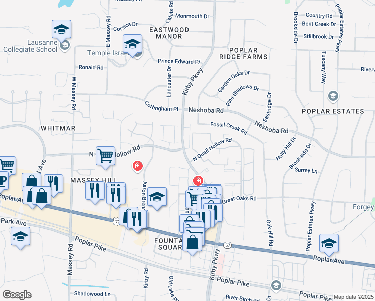 map of restaurants, bars, coffee shops, grocery stores, and more near 1616 Kirby Parkway in Memphis
