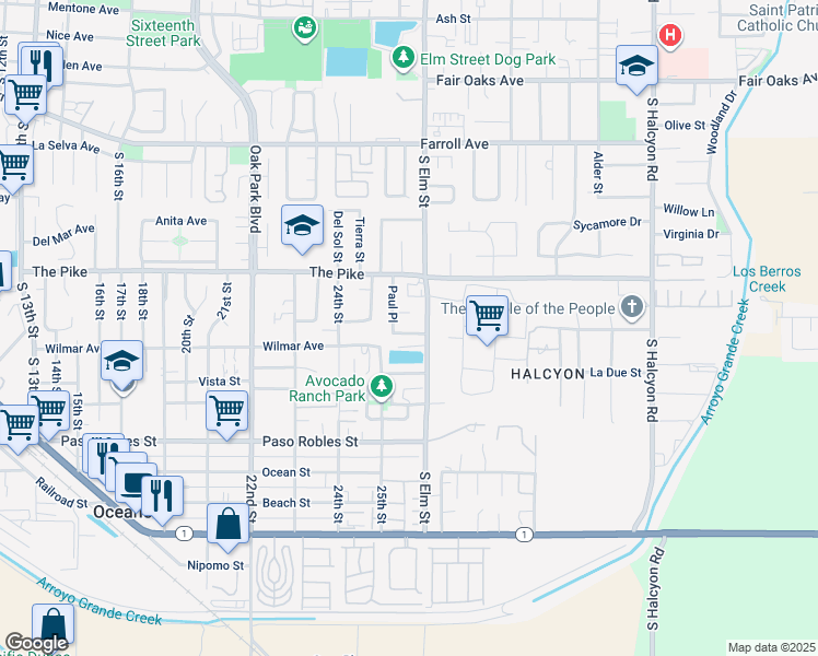 map of restaurants, bars, coffee shops, grocery stores, and more near 2569 Paul Place in Arroyo Grande