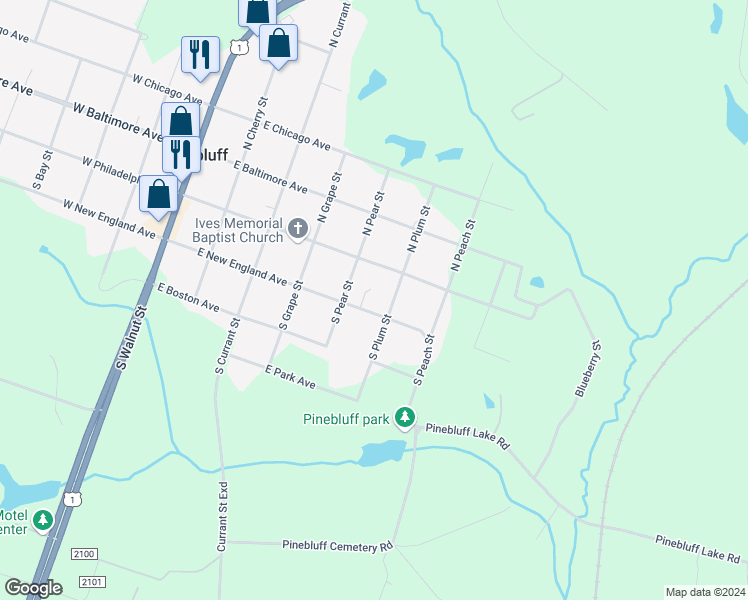 map of restaurants, bars, coffee shops, grocery stores, and more near 155 South Plum Street in Pinebluff