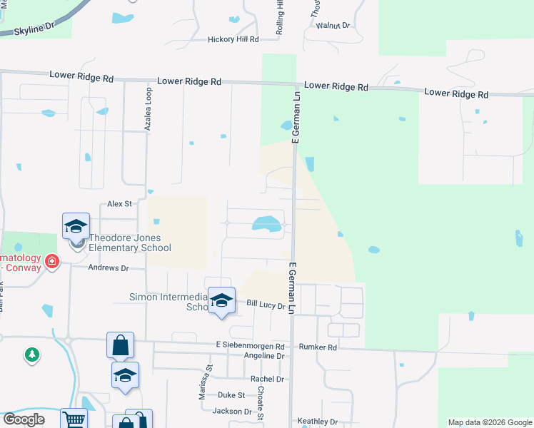 map of restaurants, bars, coffee shops, grocery stores, and more near 2111 East German Lane in Conway