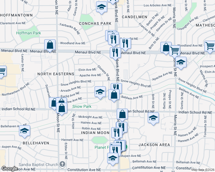 map of restaurants, bars, coffee shops, grocery stores, and more near 9733 Morrow Avenue Northeast in Albuquerque