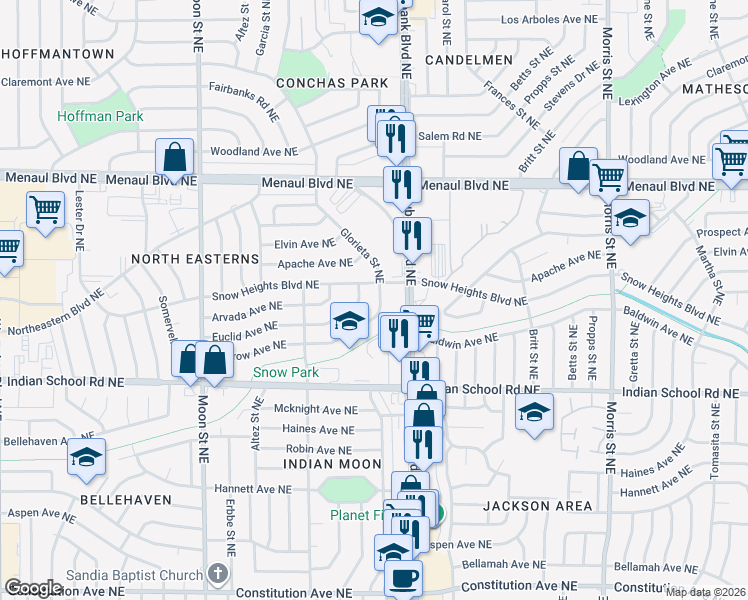 map of restaurants, bars, coffee shops, grocery stores, and more near 9733 Morrow Avenue Northeast in Albuquerque