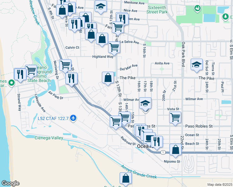 map of restaurants, bars, coffee shops, grocery stores, and more near 1270 Belridge Street in Oceano