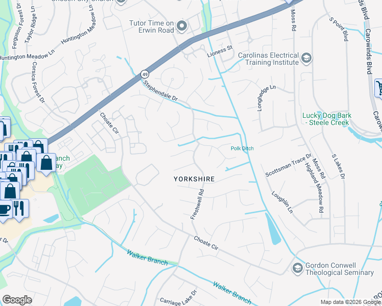 map of restaurants, bars, coffee shops, grocery stores, and more near 13624 Annsdale Lane in Charlotte