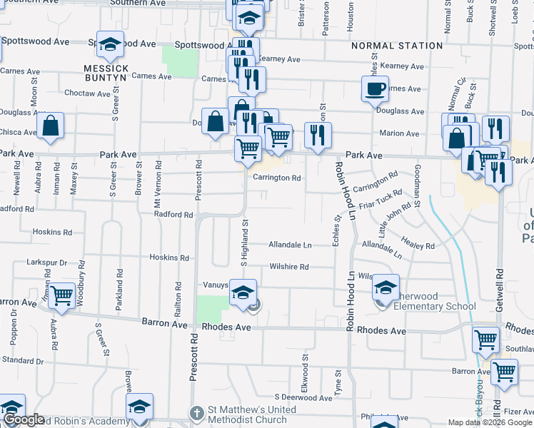map of restaurants, bars, coffee shops, grocery stores, and more near 3545 Stuart Road in Memphis