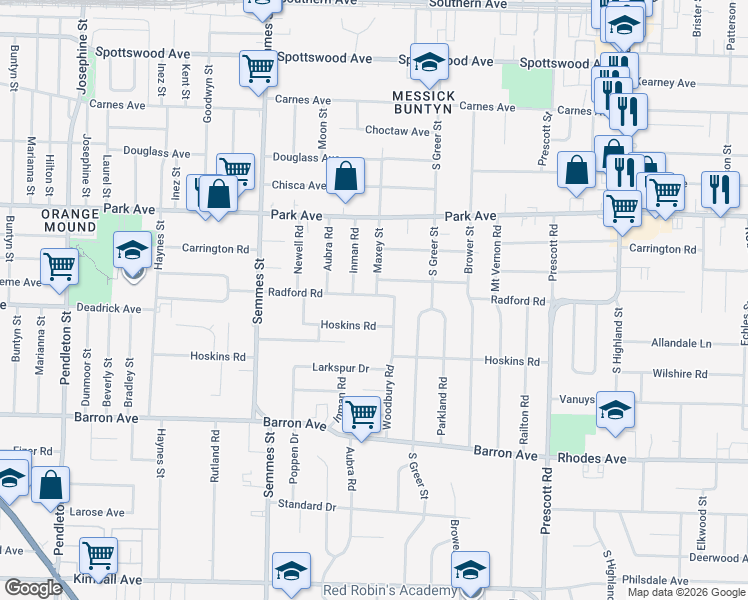 map of restaurants, bars, coffee shops, grocery stores, and more near 3183 Radford Road in Memphis