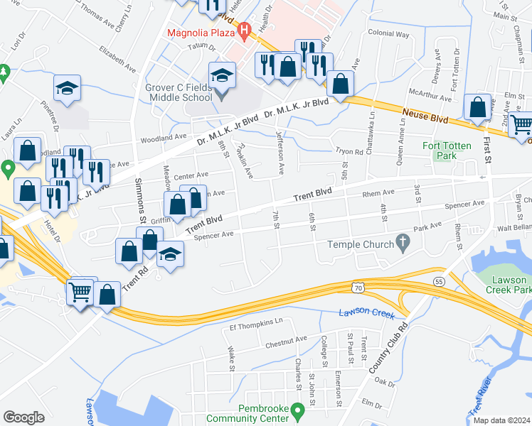 map of restaurants, bars, coffee shops, grocery stores, and more near 1905 Rhem Avenue in New Bern