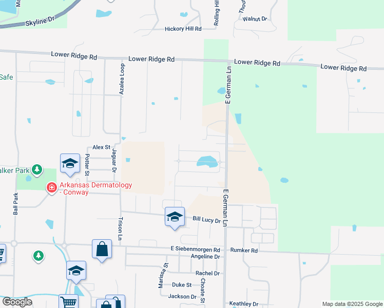 map of restaurants, bars, coffee shops, grocery stores, and more near 2115 East German Lane in Conway