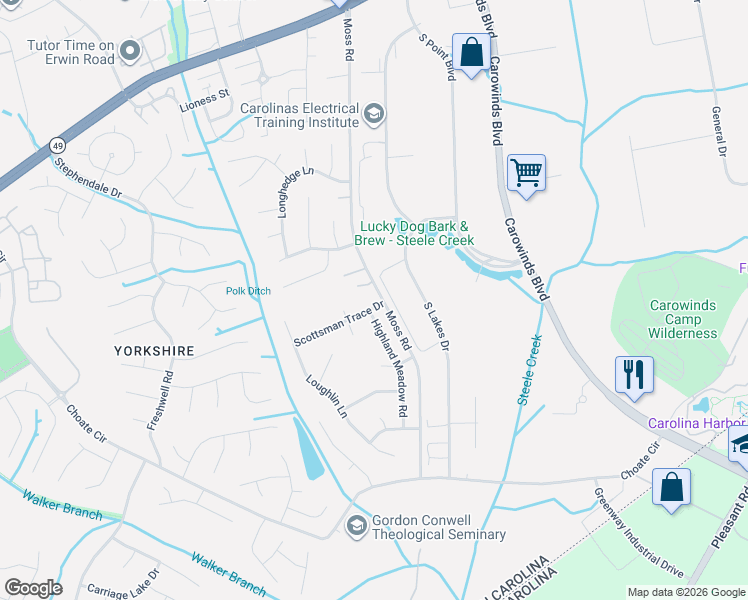 map of restaurants, bars, coffee shops, grocery stores, and more near 13903 Highland Meadow Road in Charlotte