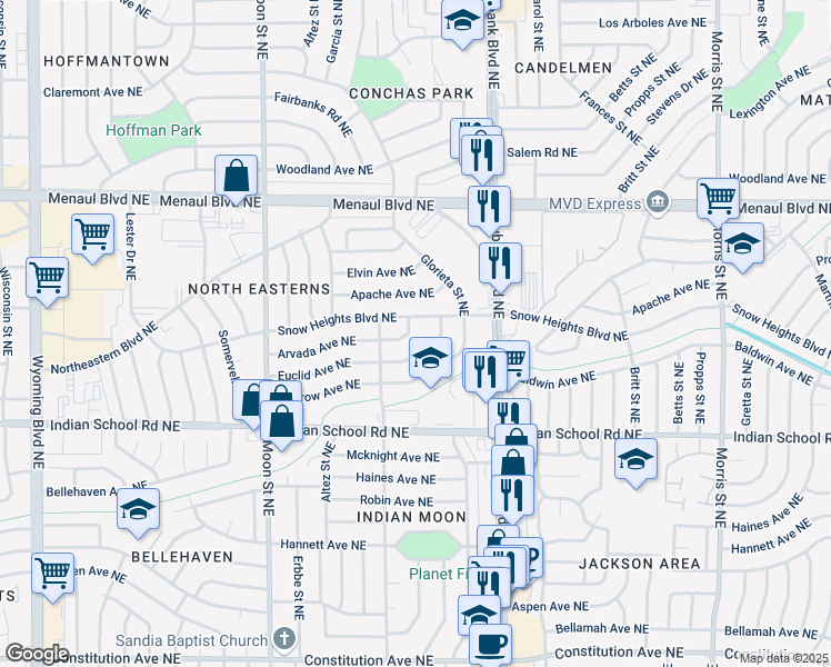 map of restaurants, bars, coffee shops, grocery stores, and more near 9701 Euclid Avenue Northeast in Albuquerque