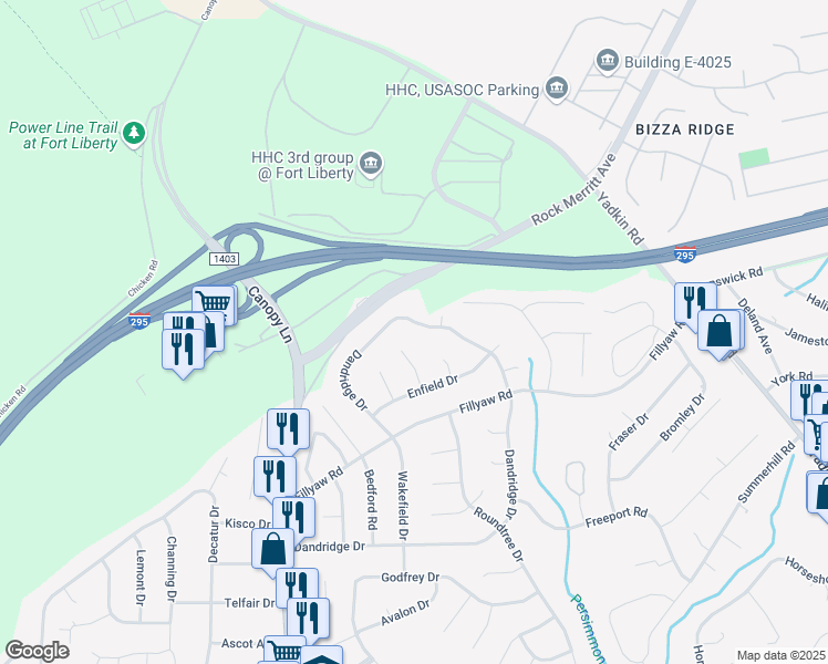 map of restaurants, bars, coffee shops, grocery stores, and more near 907 Dandridge Drive in Fayetteville