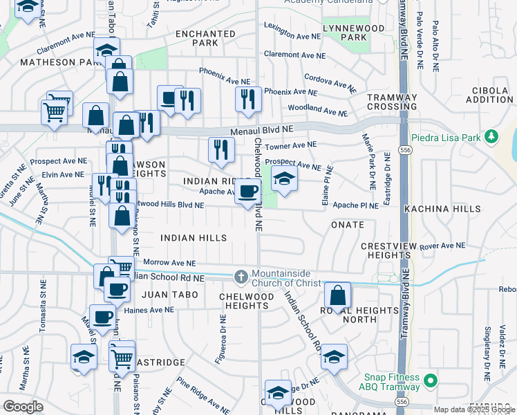 map of restaurants, bars, coffee shops, grocery stores, and more near Chelwood Park Blvd NE & Brentwood Hills Blvd NE in Albuquerque