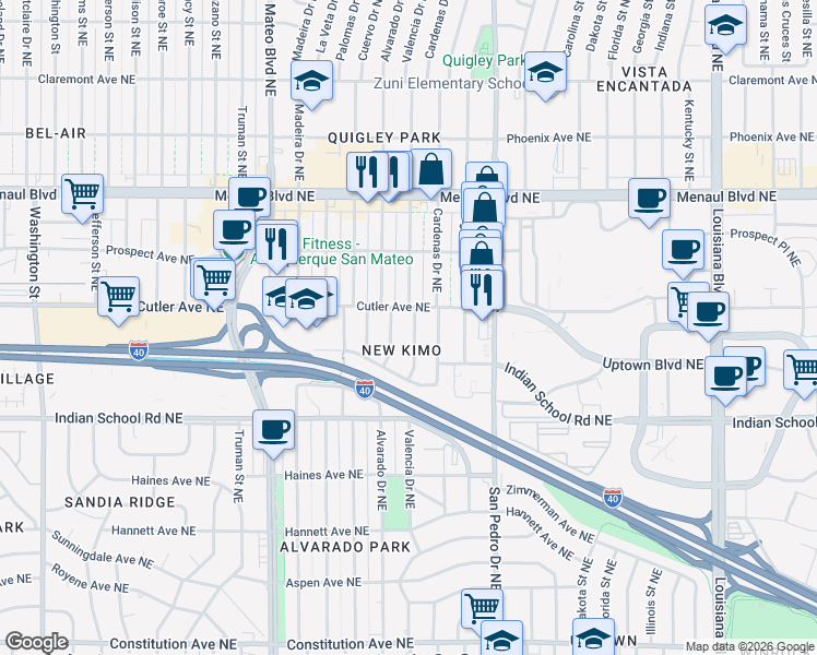 map of restaurants, bars, coffee shops, grocery stores, and more near in Albuquerque