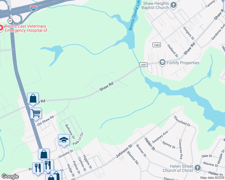 map of restaurants, bars, coffee shops, grocery stores, and more near 718 Shaw Road in Fayetteville