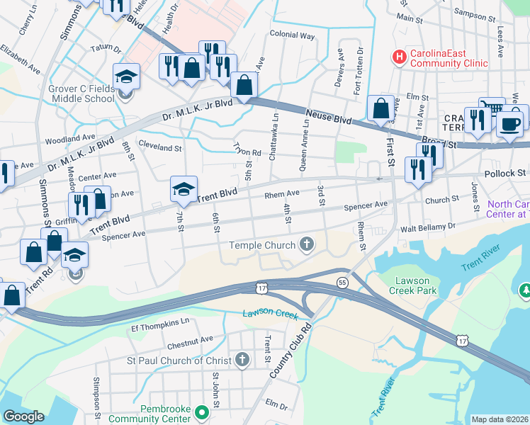 map of restaurants, bars, coffee shops, grocery stores, and more near 1616 Spencer Avenue in New Bern