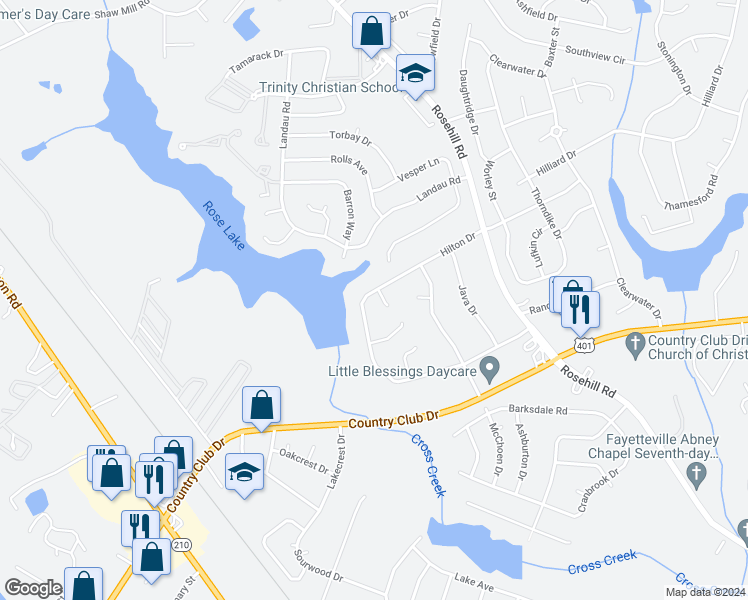 map of restaurants, bars, coffee shops, grocery stores, and more near 872 Hilton Drive in Fayetteville